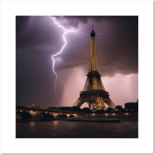 Iconic World Landmarks During A Thinderstorm: Eiffel Tower Paris Posters and Art